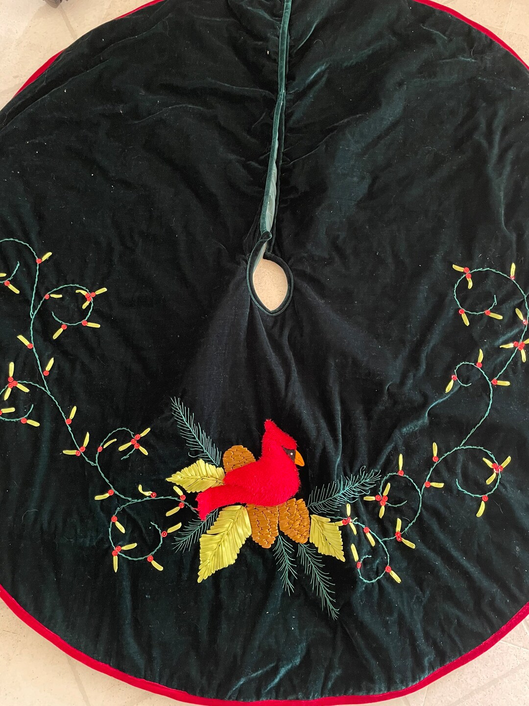 Green Velvet Tree Skirt, Christmas Tree Skirt, Cardinal Christmas Skirt