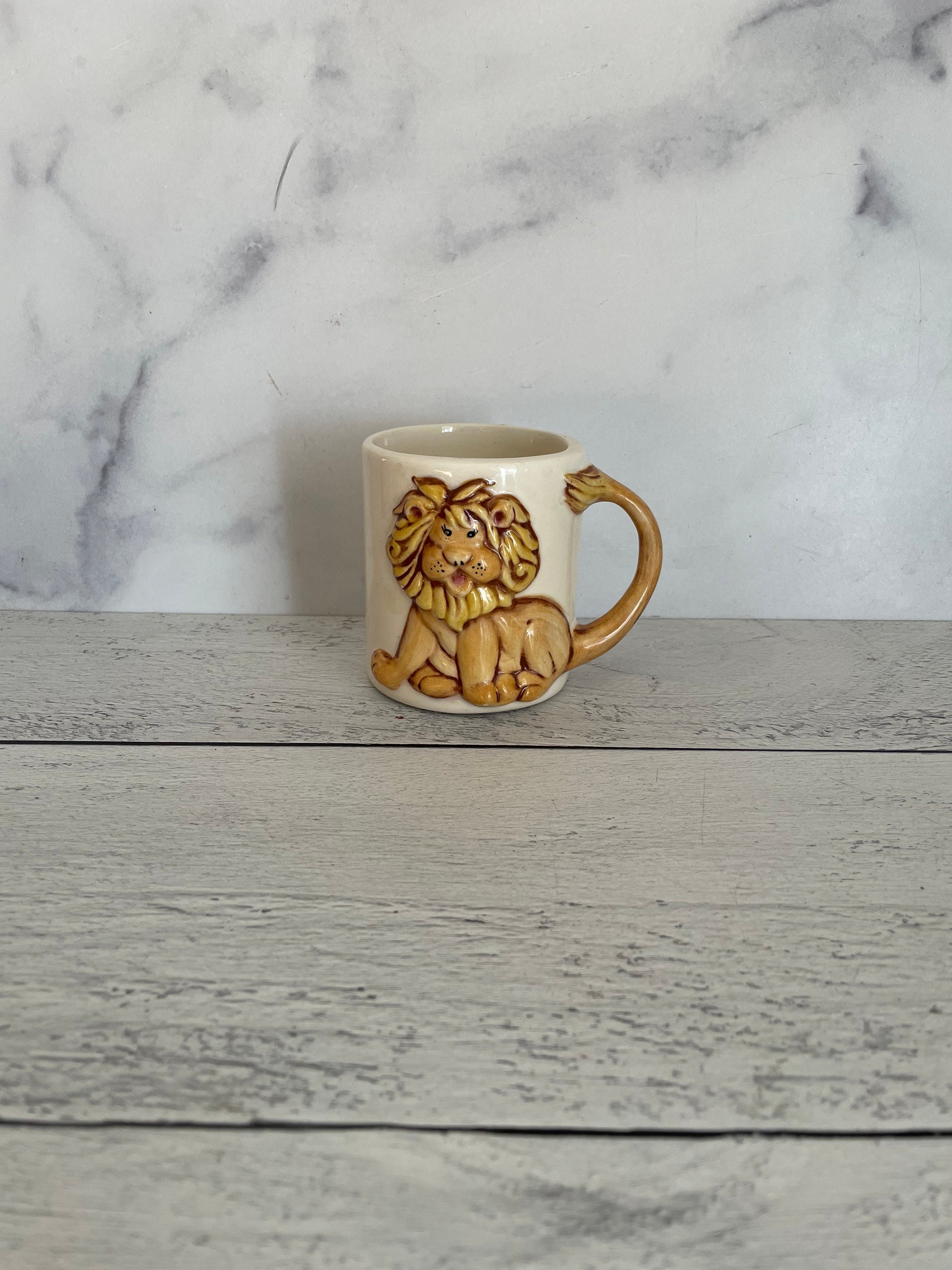 Vtg JSNY Animal Cups Mugs Ceramic Elephant Lion Ostrich Kids Mugs