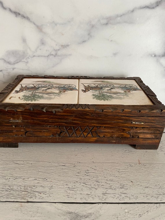 Boîte à Bijoux En Bois Vintage - Décor Sabot Ancien - Occasion à Restaurer Ou à Utiliser En Déco
