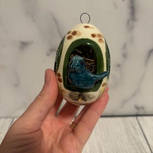 Bluebird ornament, ceramic bird ornament, Egg bird ornament, bird nest ornament