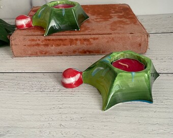 Christmas Candle Holder, Green and Red Candle Holder, Christmas Tea Light, Christmas Tree Tea Light