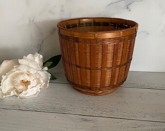 Vintage Planta, Rattan Planter, Indoor Planter, Woven Planter, Flower Planter, Wicker Planter, Round Waste basket, Wicker Trash Can,