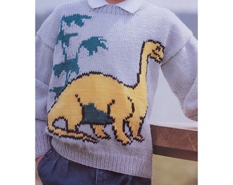 children's sweater jumper dinosaur knitting pattern DK yarn PDF