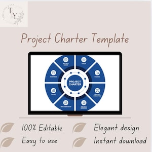 Può includere: Uno schermo di laptop mostra un modello di project charter blu e bianco. Il modello è un diagramma circolare con sezioni come 'Project Scope', 'Vision', 'Finance' e altro. Il testo in basso recita '100% Editable', 'Easy to use', 'Elegant design' e 'Instant download'.
