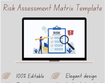 May include: A laptop screen shows a "Risk Assessment Matrix Template" with a clipboard graphic, magnifying glass, and exclamation mark. Text includes "100% Editable," "Easy to use," "Elegant design," and "Instant download."
