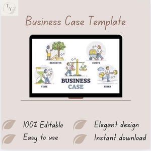 Puede incluir: Una pantalla de ordenador muestra un gráfico de "Business Case Template". El gráfico incluye ilustraciones que representan beneficios, costes, tiempo y riesgos. El texto debajo de la pantalla dice "100% Editable", "Easy to use", "Elegant design" y "Instant download".