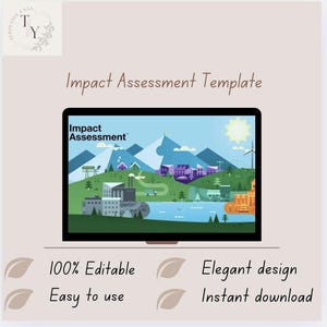 Może przedstawiać: Cyfrowy szablon do oceny wpływu, z kolorową ilustracją miasta i gór. Na ekranie wyświetlany jest tekst "Impact Assessment". Szablon jest w 100% edytowalny, łatwy w użyciu i ma elegancki design. Dostępny do natychmiastowego pobrania.