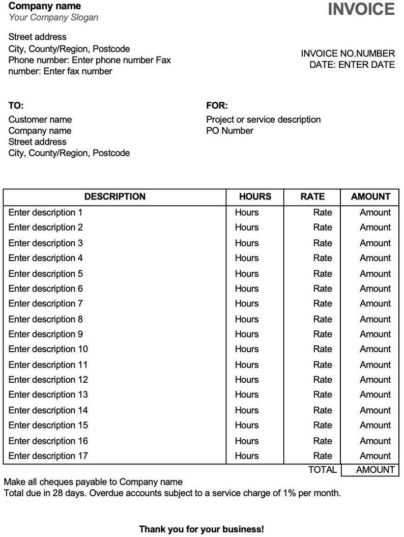 Tax Invoice Template With Hours & Rates Printable Editable Easy to Use