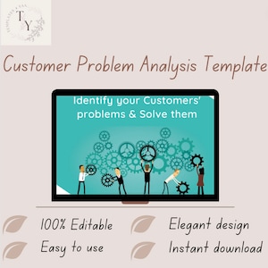 Op de afbeelding: Een digitale sjabloon voor de analyse van klantproblemen. De sjabloon heeft een blauwe achtergrond met een laptopscherm waarop een afbeelding te zien is van mensen die samenwerken om tandwielen te draaien. De tekst op het scherm luidt "Identificeer de problemen van uw klanten en los ze op". De sjabloon is 100% bewerkbaar, gemakkelijk te gebruiken en heeft een elegant ontwerp. Direct downloaden beschikbaar.