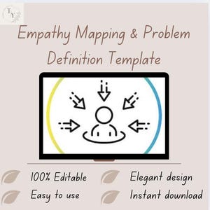 May include: A digital template titled "Empathy Mapping & Problem Definition Template." The design features a black screen with a central figure surrounded by arrows, set against a light beige background. Text includes "100% Editable," "Easy to use," "Elegant design," and "Instant download."