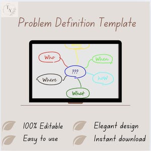 Pode incluir: Gráfico digital de um "Modelo de Definição de Problema" na tela de um laptop. O modelo inclui círculos rotulados "Quem", "Onde", "O quê", "Quando" e "Como", conectados a um círculo central "???". O texto abaixo diz "100% Editável", "Fácil de usar", "Design elegante" e "Download instantâneo".