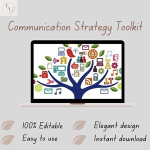 Puede incluir: Una pantalla de portátil muestra un gráfico de árbol colorido con iconos de comunicación. El texto "Communication Strategy Toolkit" está encima de la pantalla. El texto adicional incluye "100% Editable", "Easy to use", "Elegant design" y "Instant download".
