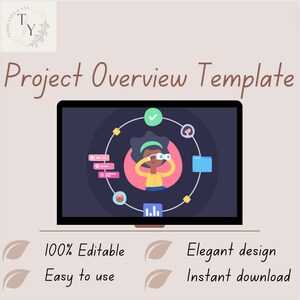 Puede incluir: Una pantalla de computadora que muestra una plantilla de descripción general del proyecto con una ilustración de dibujos animados de una persona mirando a través de binoculares. La plantilla incluye iconos para tareas, plazos y progreso. El texto "Plantilla de descripción general del proyecto" se muestra en la parte superior de la pantalla.