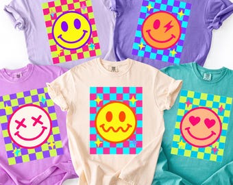 Comfort Colors® Neon Summer Smiley Face Checkered T-Shirt, Sunshine Shirt, Beach Life Shirt, Summer Vibes Tee, Neon Trendy Summer Shirt