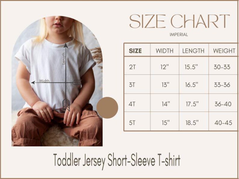 The image is a size chart for a toddler jersey short-sleeve t-shirt, showing the measurements for different age groups.