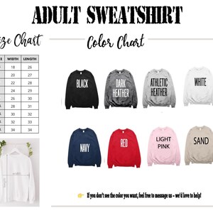The image is an adult sweatshirt size chart and color chart, providing a visual guide for selecting the appropriate size and color based on the individual's measurements.