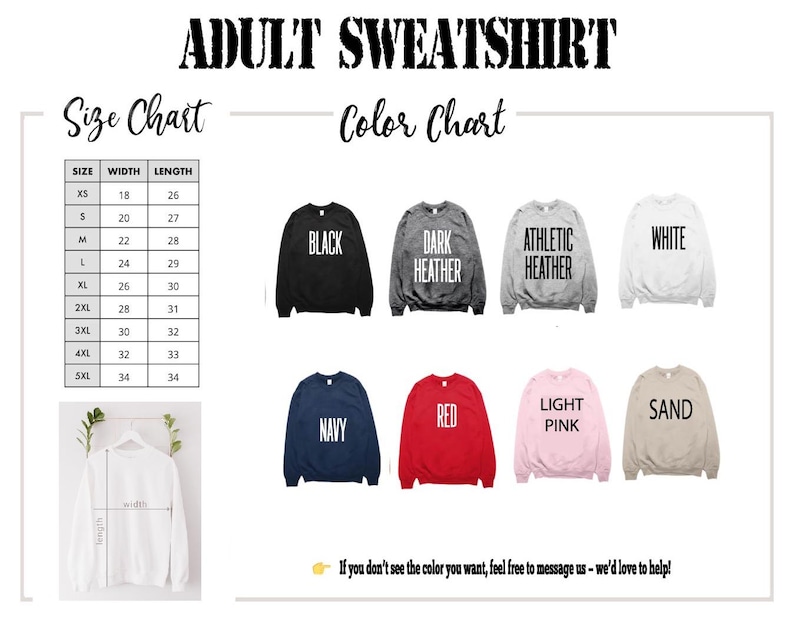 The image is an adult sweatshirt size chart and color chart, providing a visual guide for selecting the appropriate size and color based on the individual's measurements.