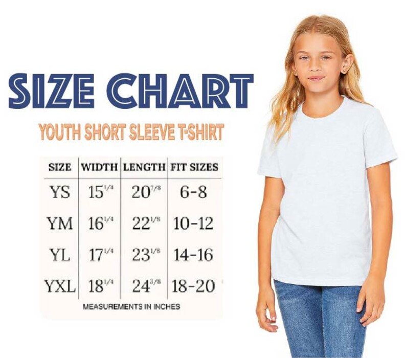 a young girl standing next to a size chart for a youth short sleeve t-shirt. The chart provides measurements for different age groups, including sizes YS, YM, YL, and XL, as well as fit sizes for width, length, and fit.