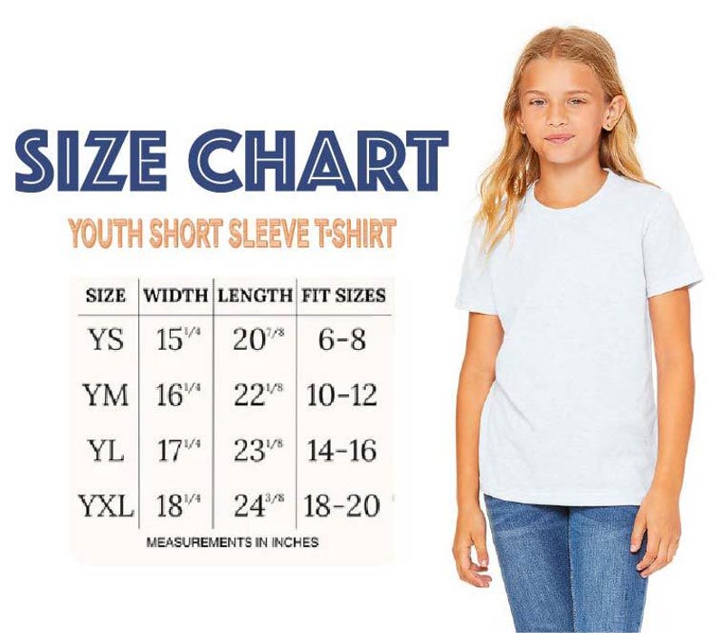 a young girl standing next to a size chart for a youth short sleeve t-shirt. The chart provides measurements for different age groups, including sizes YS, YM, YL, and XL, as well as fit sizes for width, length, and fit.