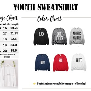 The image is a size chart and color chart for a youth sweatshirt, providing measurements and color options for different sizes.
