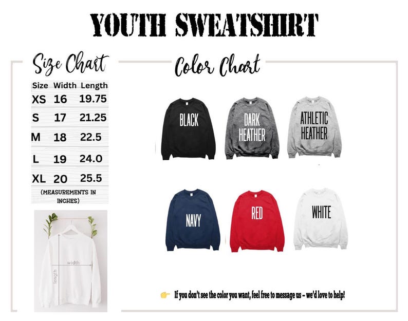 The image is a size chart and color chart for a youth sweatshirt, providing measurements and color options for different sizes.