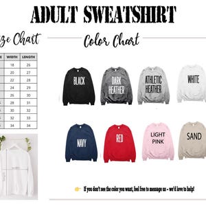 The image is an adult sweatshirt size chart and color chart, providing a visual guide for selecting the appropriate size and color based on the individual's measurements.