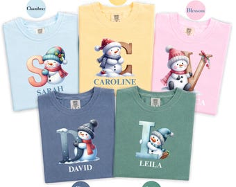 Custom Comfort Colors® Family Matching Holiday T-Shirt, Personalized Group Christmas Tee, Snowman Monogram Shirt, Snowman Sweatshirt