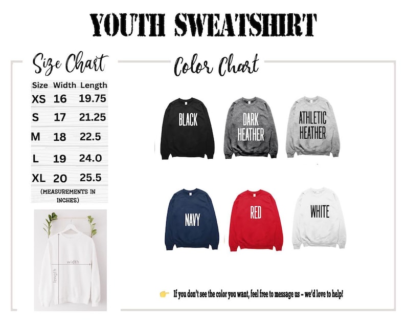 The image is a size chart and color chart for a youth sweatshirt, providing measurements and color options for different sizes.