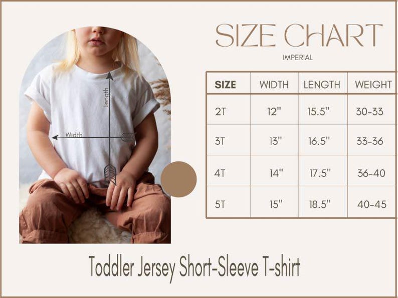 The image is a size chart for a toddler jersey short-sleeve t-shirt, showing the measurements for different age groups.