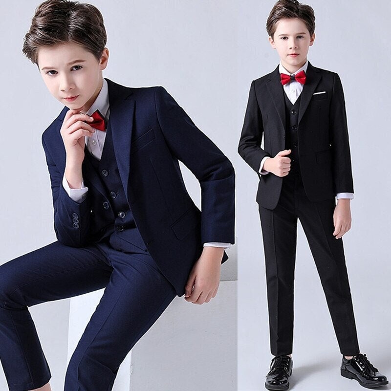 Baby Toddler Kid Boys Wedding Formal 3pc Set Shirt Navy Pants Necktie Suit S-7 