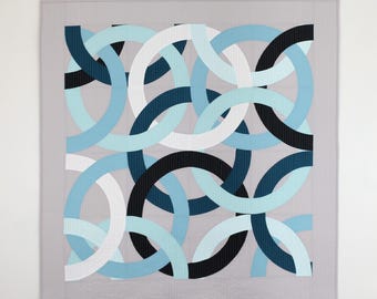 Modern Double Wedding Ring Quilt: Geometric Blue Black White Wall Hanging