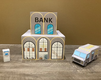 Afdrukbare papierbank: met bankwagen en geldautomaat: digitale download