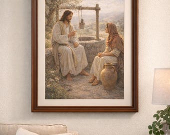 Levend water Jezus en de vrouw bij de bron muurkunst afdrukbare christen (digitale download)