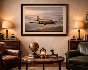 Vintage Douglas DC-3 C-47 Skytrain vliegt over bergen luchtvaart kunst aan de muur (digitale download)