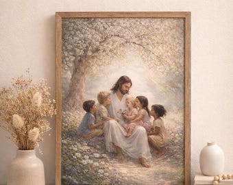 Jezus met kinderen - afdrukbare muurkunst, christelijk kinderdagverblijf, bijbelse digitale download