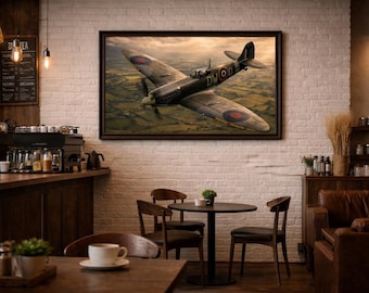 Vintage Spitfire-gevechtsvliegtuig vliegt over het platteland WW2 RAF Aviation Wall Art (digitale download)