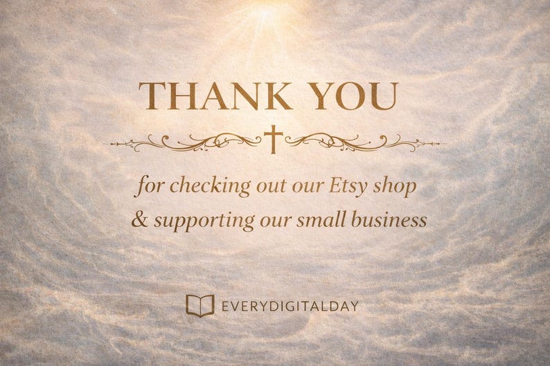 Może przedstawiać: Grafika cyfrowa z chmurkowym, teksturowanym tłem i słowami "THANK YOU" w złotej czcionce szeryfowej. Poniżej napis "for checking out our Etsy shop & supporting our small business."