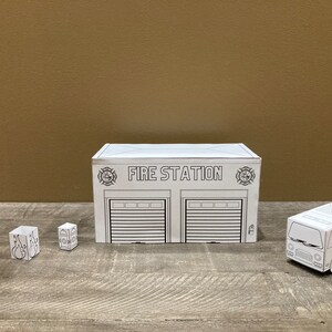 Printable, colorable, paper fire station: {Large} - with fire truck - Black and white - Digital download