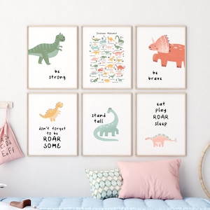 Juego de alfabeto de dinosaurios de 6 citas de Dino Eat Play ROAR Sleep Dinosaur Theme Prints Regalo para la habitación de los niños No te olvides de ser Roarsome Dino Prints