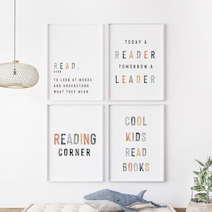 Set of 4 Reading Corner Wall Art for Kids Room Decor Today a Reader Tomorrow a Leader Sign Read Meaning Montessori Printables