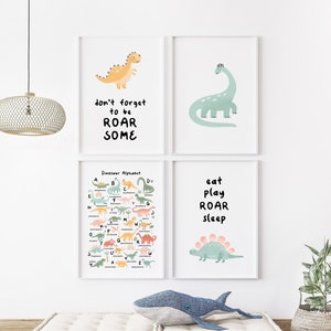 Dinosaur Alphabet Set of 4 Dino Quotes Eat Play ROAR Sleep Dinosaur Theme Prints Gift For Boys Room Don&#39;t Forget to be Roarsome Dino Prints