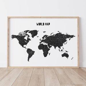 Mapa del mundo, arte de pared en blanco y negro, mapa del mundo minimalista, arte de pared de guardería Montessori, carteles imprimibles para la decoración de la escuela en el hogar