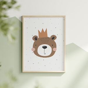Bear Print Nursery King Ilustración Arte de pared Minimalista Sala de juegos Arte de pared para niños