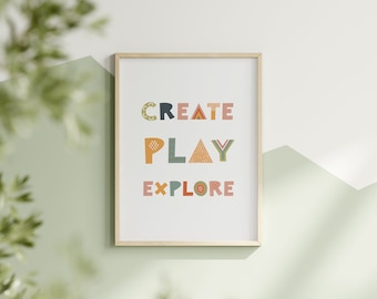 Create Play Explore Kids Room Wall Art Playroom Decor Gift for Kids Montessori Playroom Art Homeschool Decor