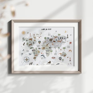 Weltkarte lehrreich für Kinderzimmer Tierwelt Karte Montessori Kinderzimmer Wand Kunst druckbare Poster für Homeschool Decor Montessori Klassenzimmer
