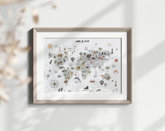 World Map Educational for Kids Room Animal World Map Montessori Nursery Wall Art Printable Posters for Homeschool Decor Montessori Classroom