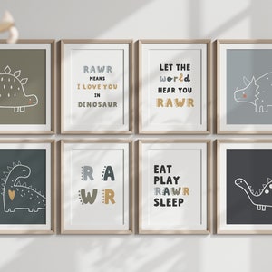 Dinosaur Kids Room Decor Wall Set of 8 Dinosaur Prints Nursery Dino Printable for Boys