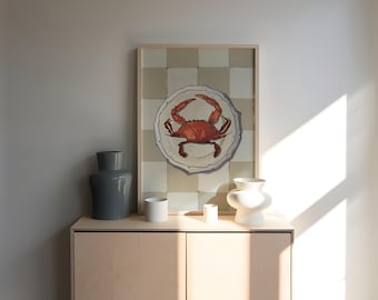 Póster gastronómico imprimible con ilustración de cangrejo, impresión artística, mariscos, decoración de pared para cocina