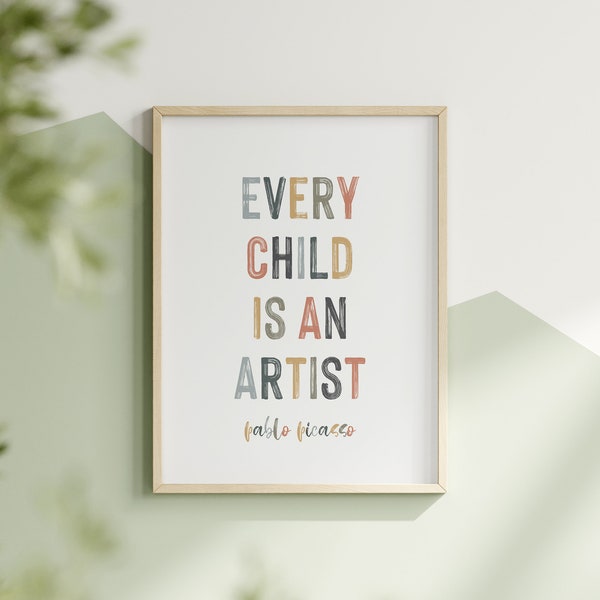 Pablo Picasso Every Child Is An Artist Quote Print Nursery Wall Art Rainbow Color Decor for Children Playroom Art Montessori Classroom Decor