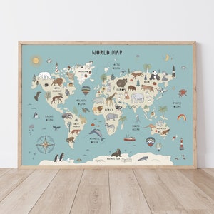 Weltkarte pädagogisch für Kinderzimmer Tier blau Weltkarte Montessori Kinderzimmer Wand Kunst druckbare Poster für Homeschool